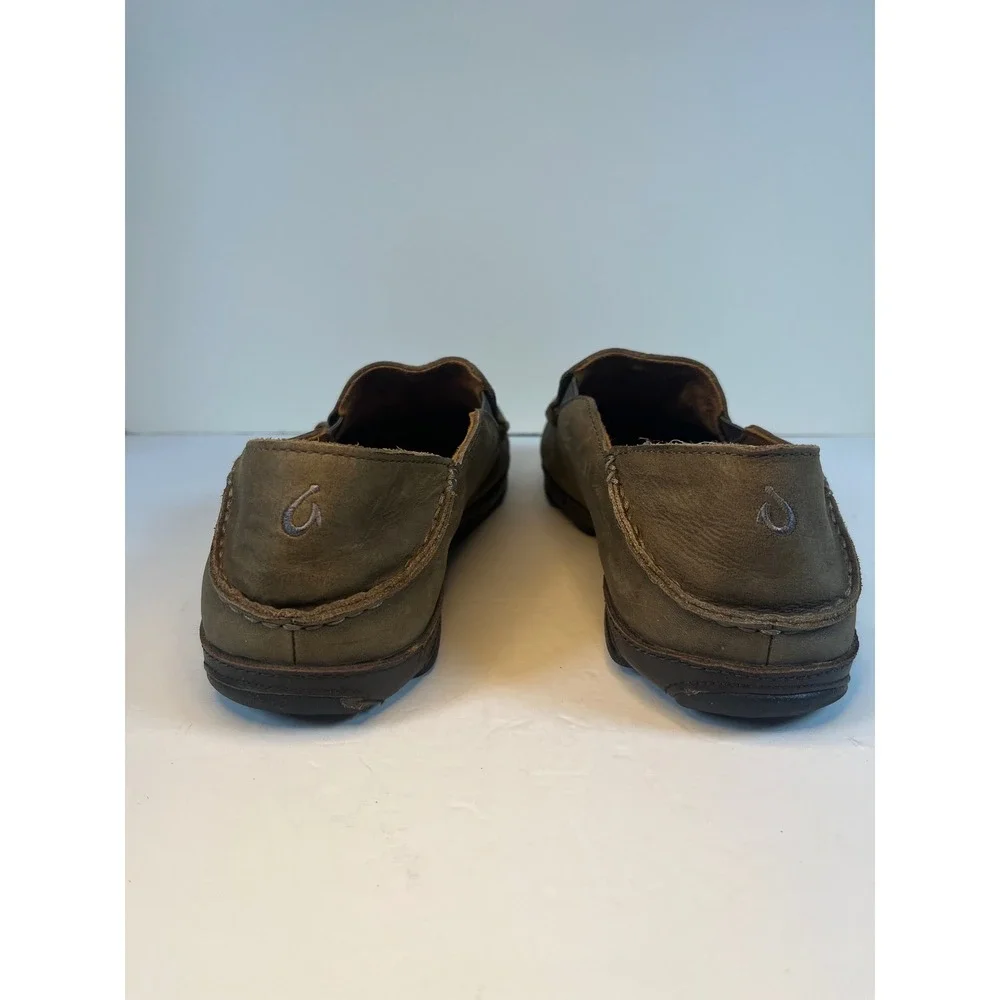 OluKai Moloa Mens Leather Slip On Shoes Dark Gray Green 10128-4T63 Size 11.5